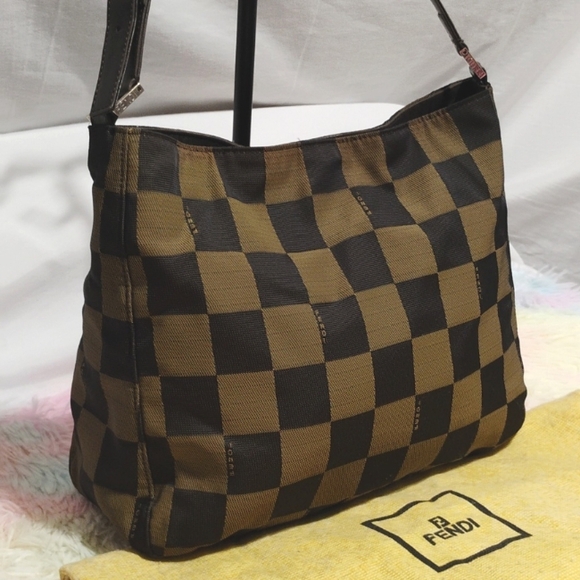 SALE! RARE! Auth FENDI Checkered Vintage Nylon Shoulder Bag W Dust Bag - Picture 3 of 15